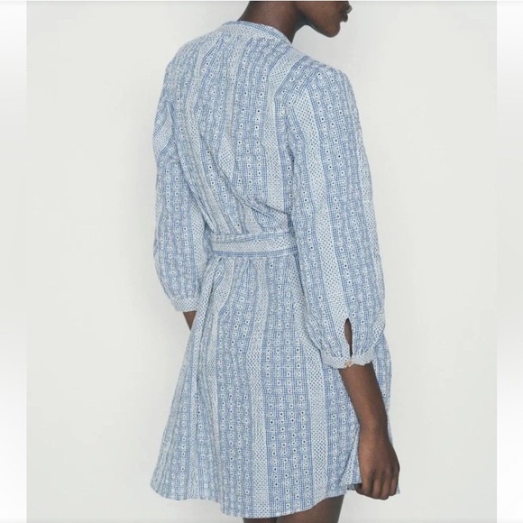 Zara Crochet Daisy Blue & White Gingham Rattan Belted Mini Dress - Picture 3 of 12